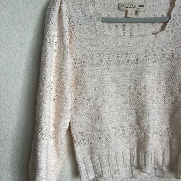 Saltwater luxe cream open knit blouse with a scoop neck and long sleeves - Picture 3 of 4